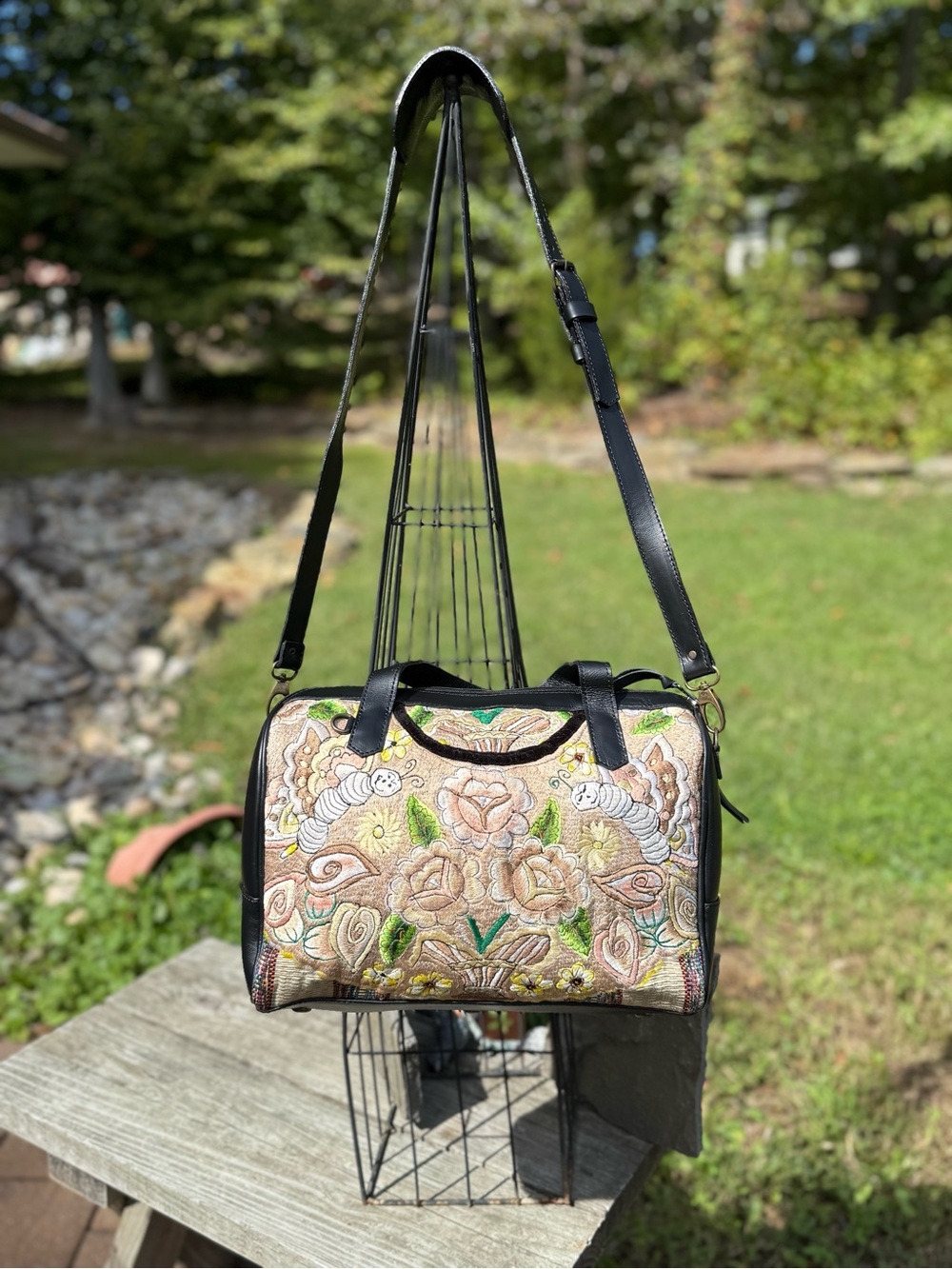 Embroidered Floral Barrel Crossbody Bag - Black Trim